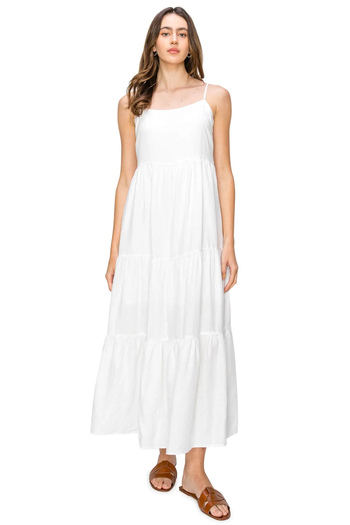 Flowy Tiered Sleeveless Maxi Linen Dress - White