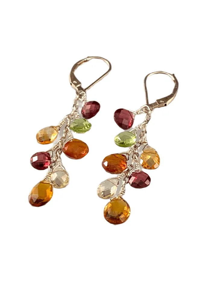 Garnet Topaz Lemon Quartz Citrine Peridot Silver Waterfall Gemstone Earrings