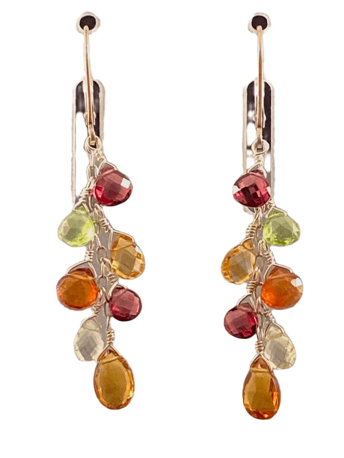 Garnet Topaz Lemon Quartz Citrine Peridot Silver Waterfall Gemstone Earrings