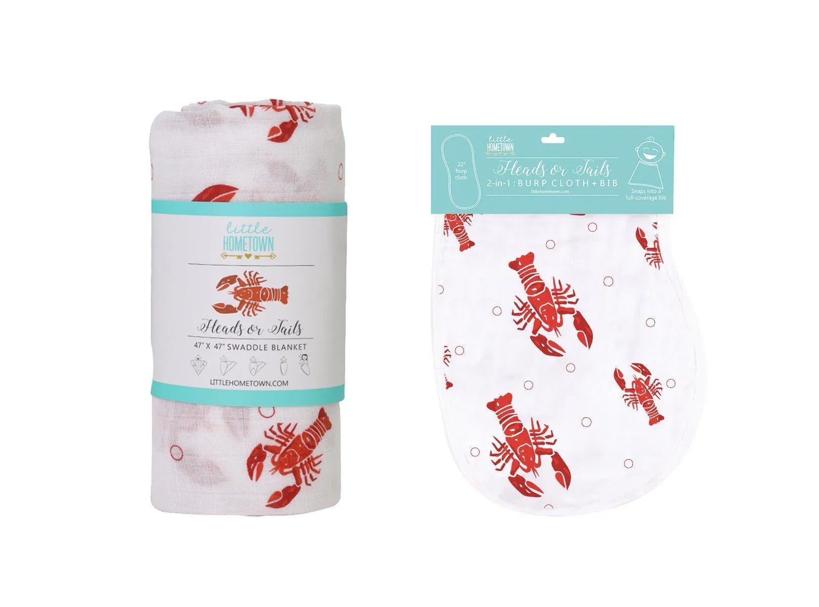 Gift Set: Heads Tails Crawfish Lobster Baby Muslin Swaddle Blanket and Burp Cloth/Bib Combo