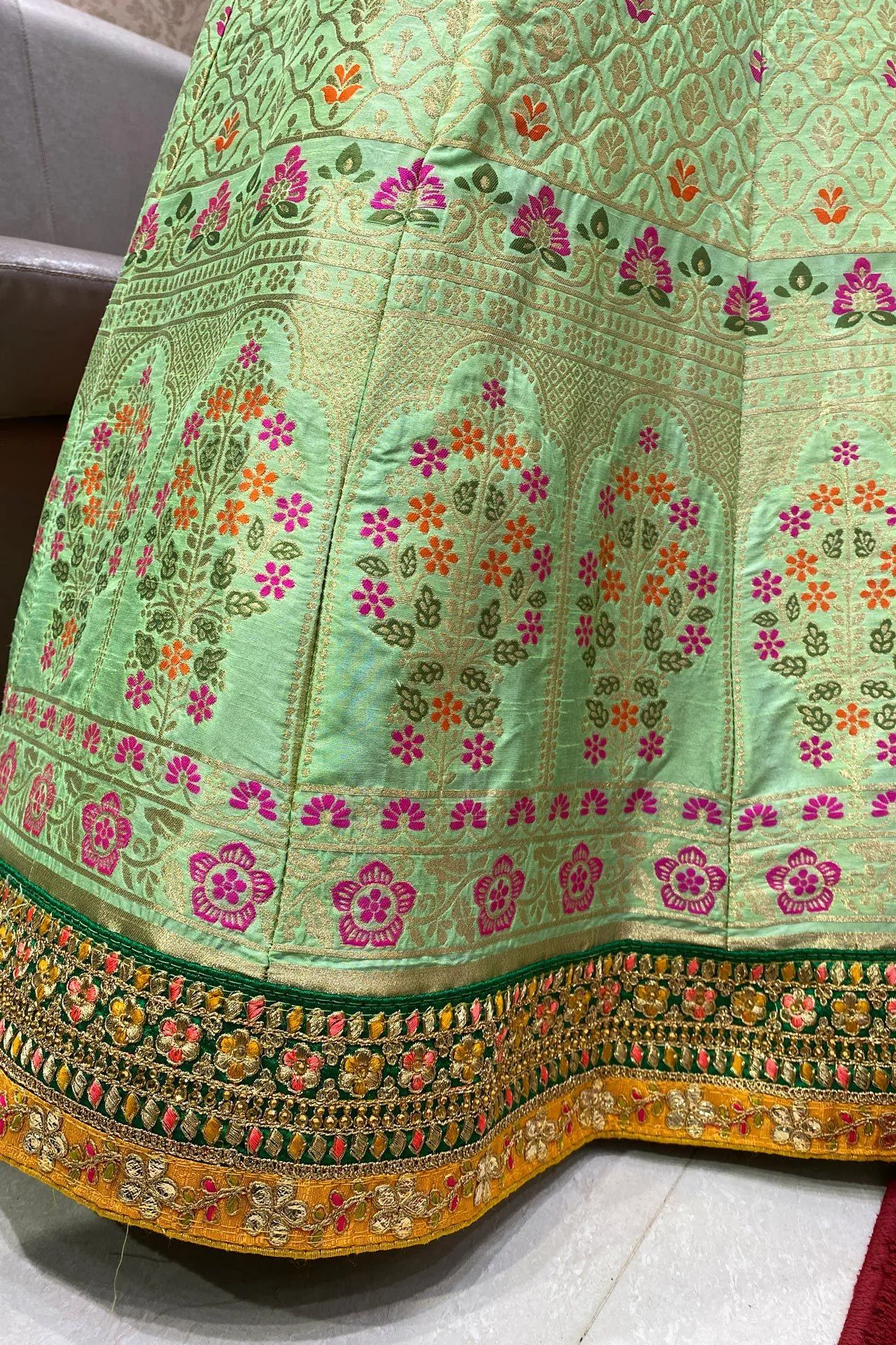 Green Banarasi Semi-Stitched Lehenga with Contrast Red Duppata