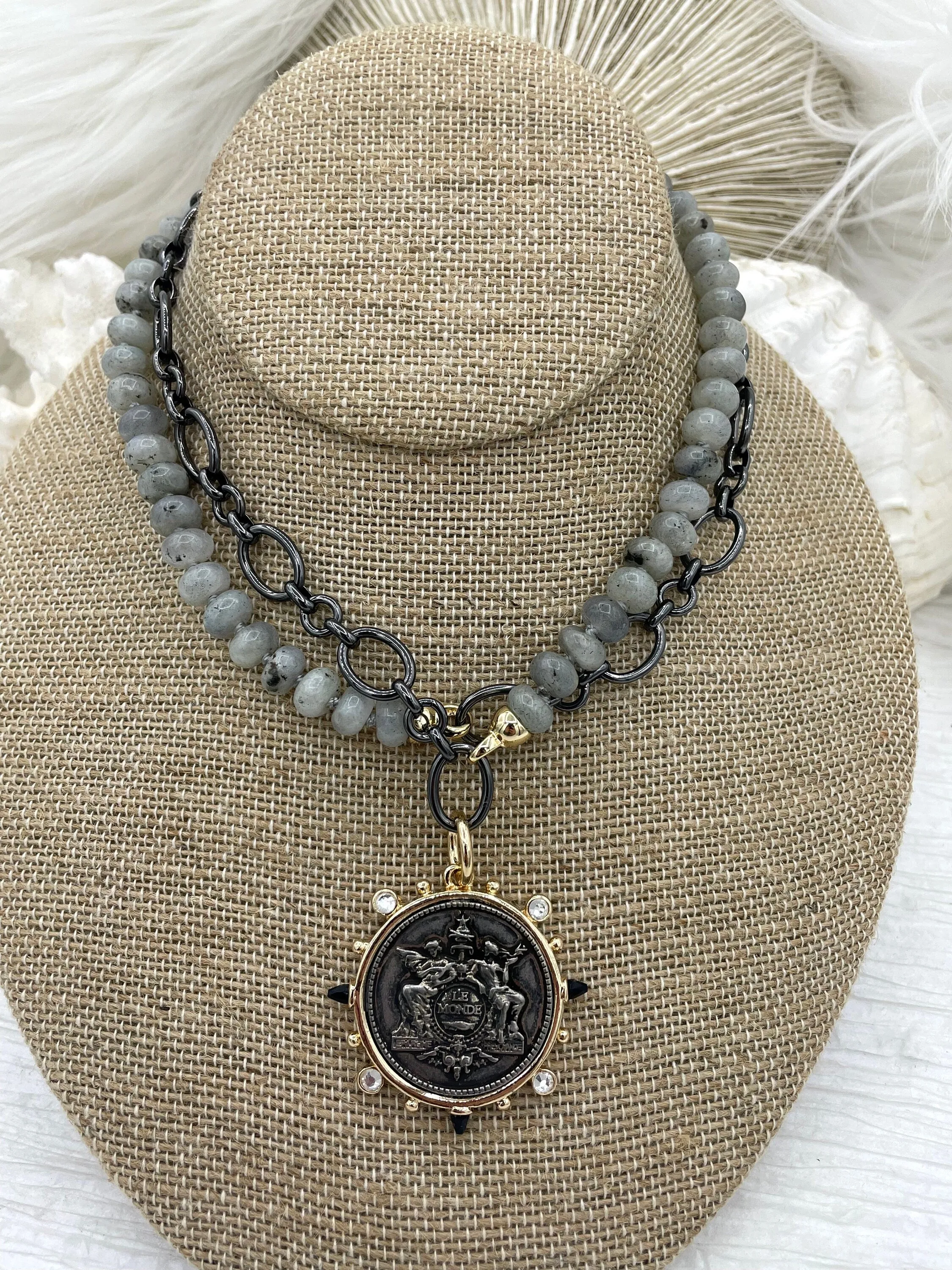 Hand Knotted Necklace 16.5" Long, Labradorite Rondelle Stones with Finished Ends Gold or Silver, Fast Ship