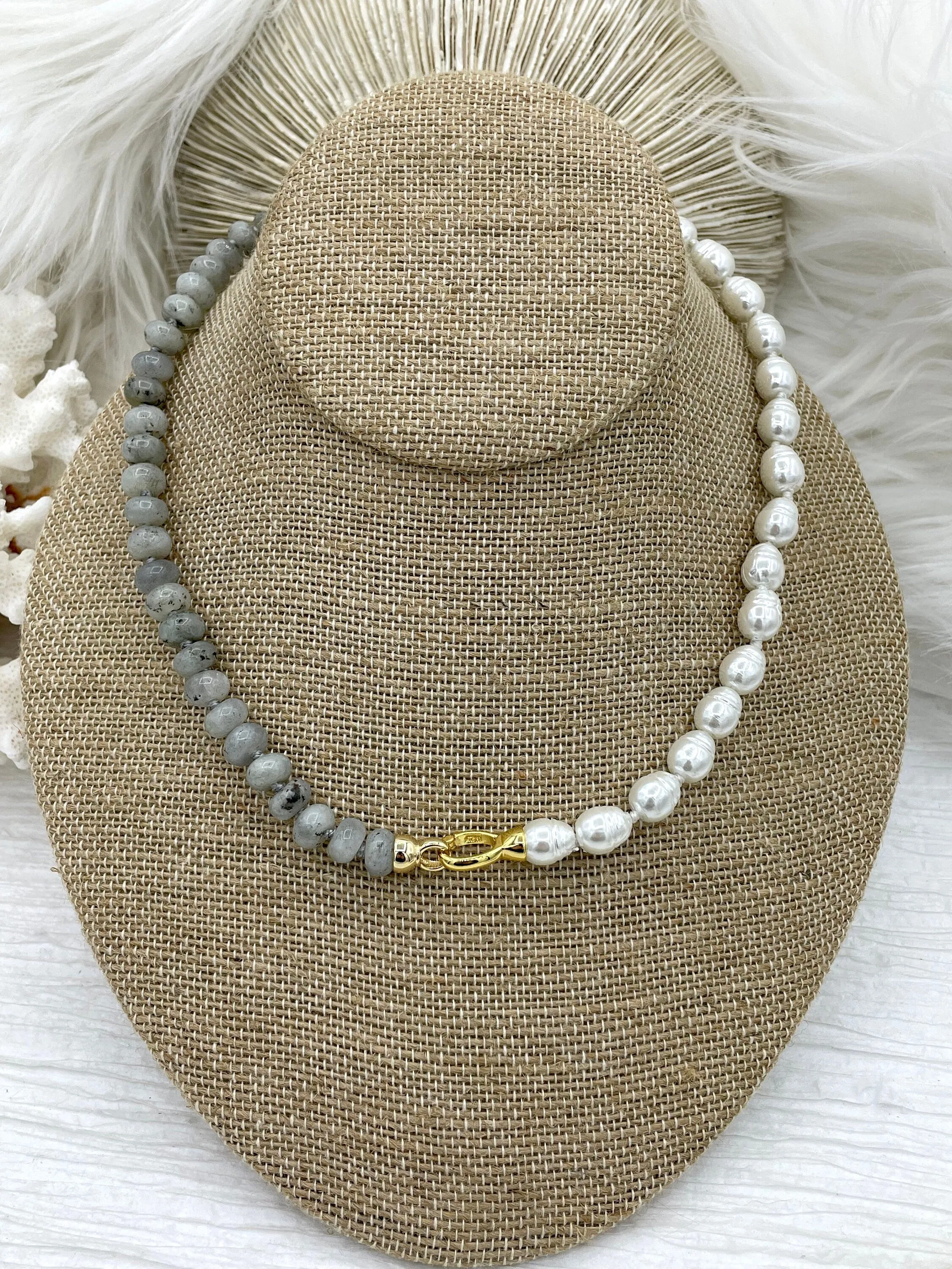 Hand Knotted Necklace 16.5" Long, Labradorite Rondelle Stones with Finished Ends Gold or Silver, Fast Ship