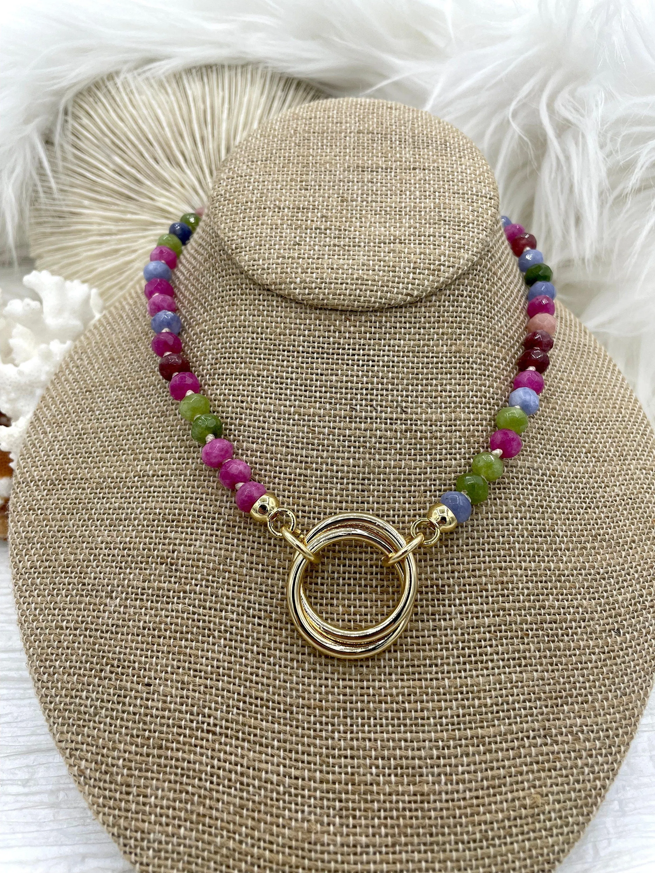 Hand Knotted Stone Necklace Multicolor Semi Precious Agate Rondelle Stone Necklace, 16'5" W/Gold Plated Closed Cap Ends, Hand Knotted Necklace. Fast Ship