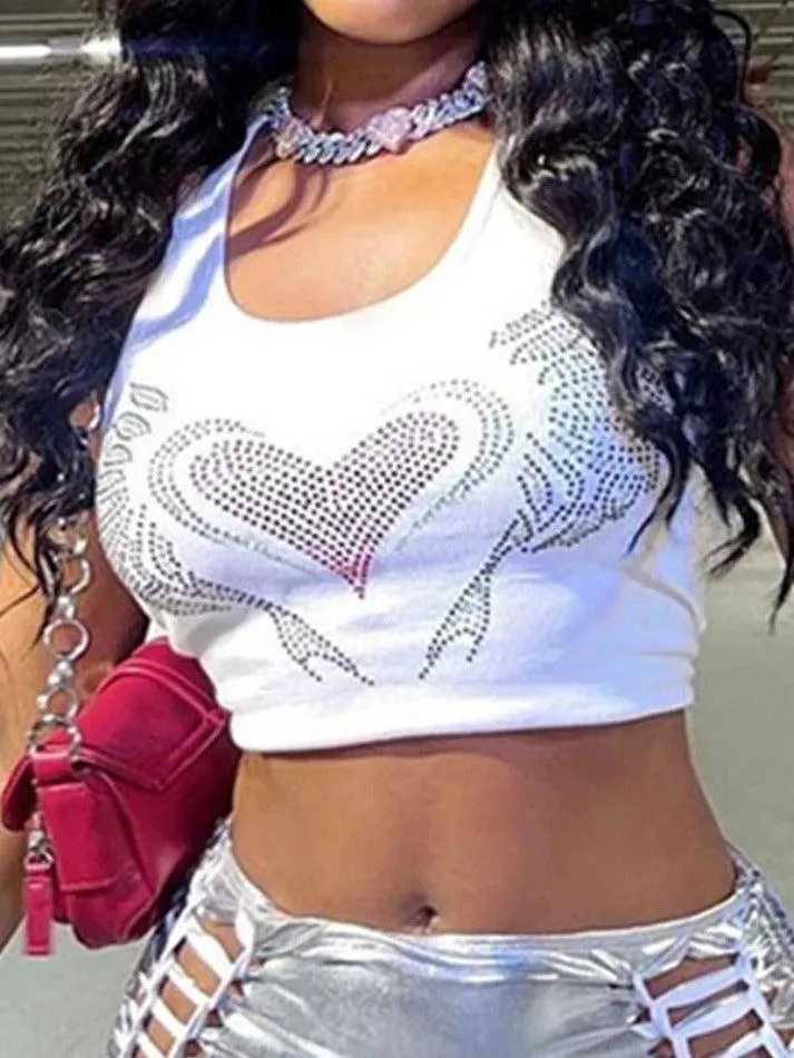 Heart Rhinestone U Neck Crop Tank Top