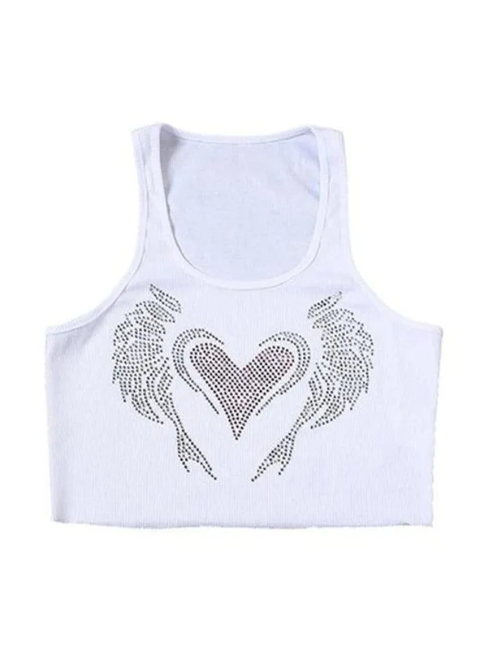 Heart Rhinestone U Neck Crop Tank Top