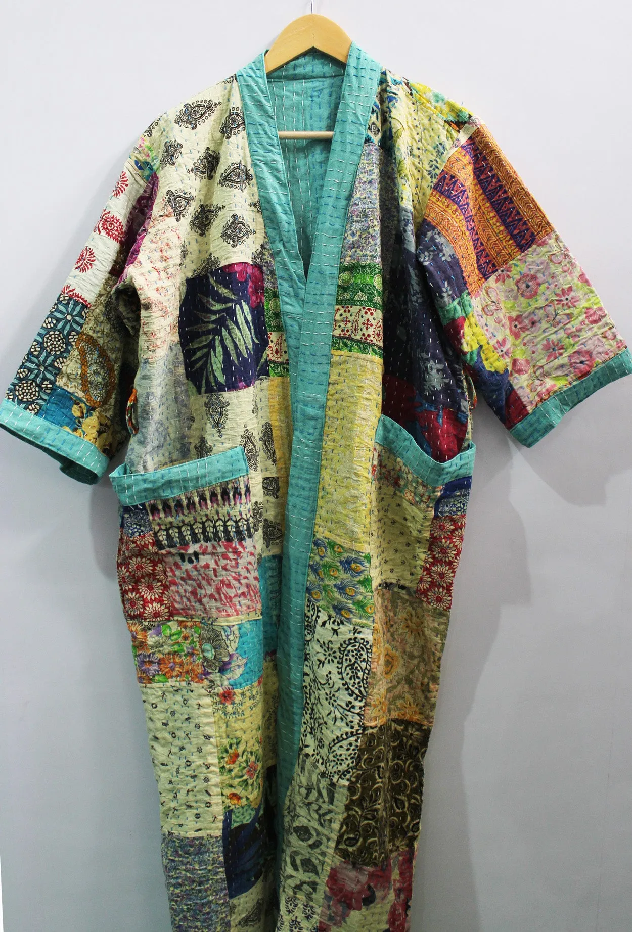 Indian Handmade Japanese Kimono Style Kantha Robe Jacket Coat with tie belt Vintage Wear Boho Fashion