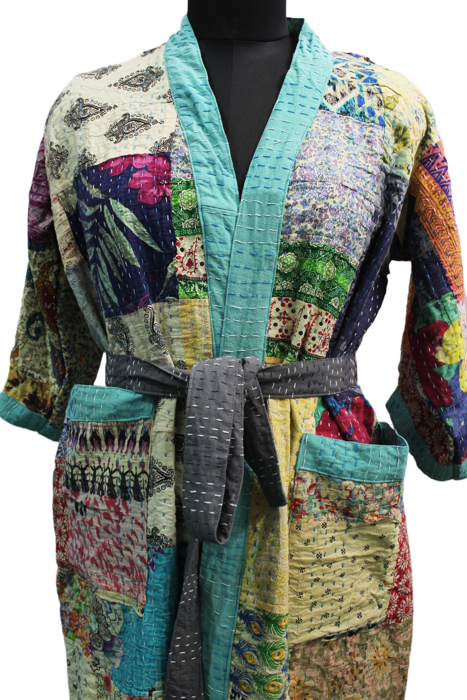 Indian Handmade Japanese Kimono Style Kantha Robe Jacket Coat with tie belt Vintage Wear Boho Fashion