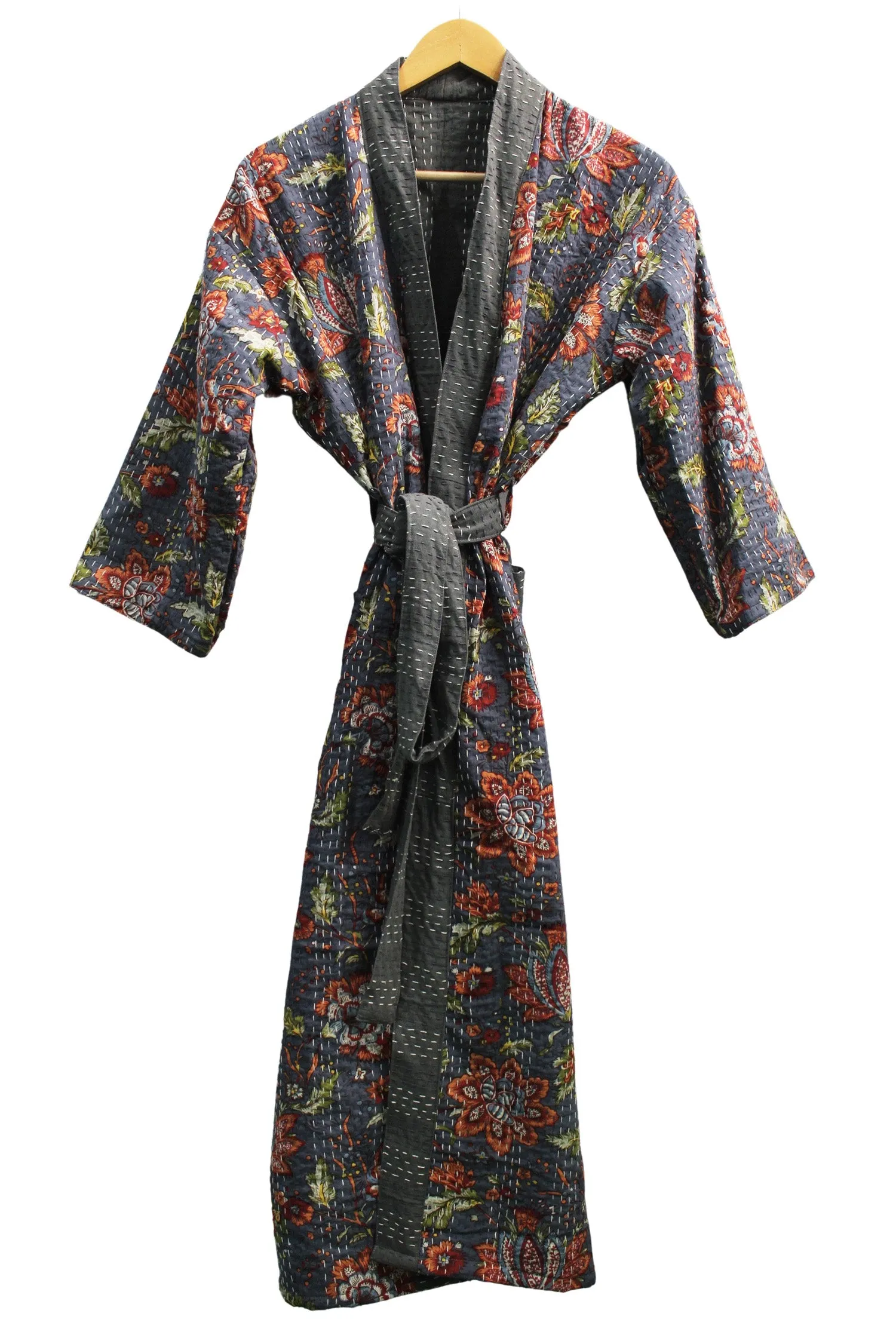 Indian Handmade Japanese Kimono Style Kantha Robe Jacket Coat with tie belt Vintage Wear Boho Fashion