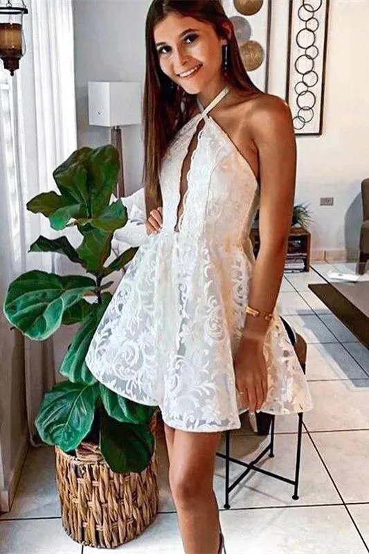 Lace Halter Sleeveless Short Homecoming Dresses, Unique Lace Short Prom Dresses UQ1987