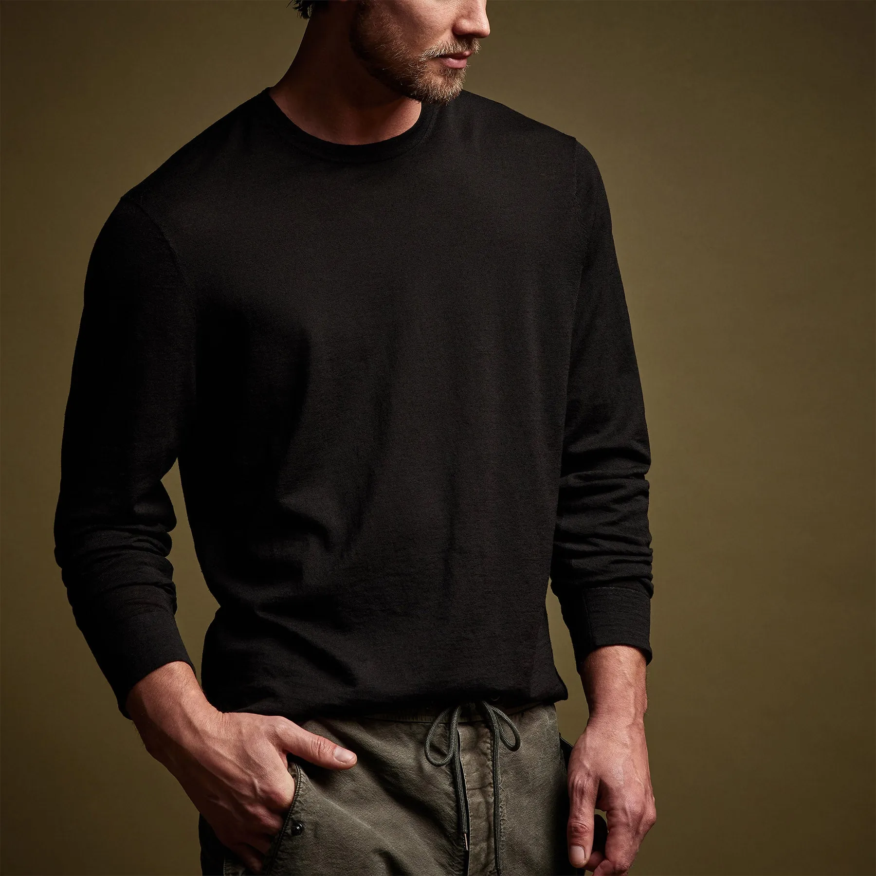 Linen Blend Long Sleeve Contrast Crew - Black/White