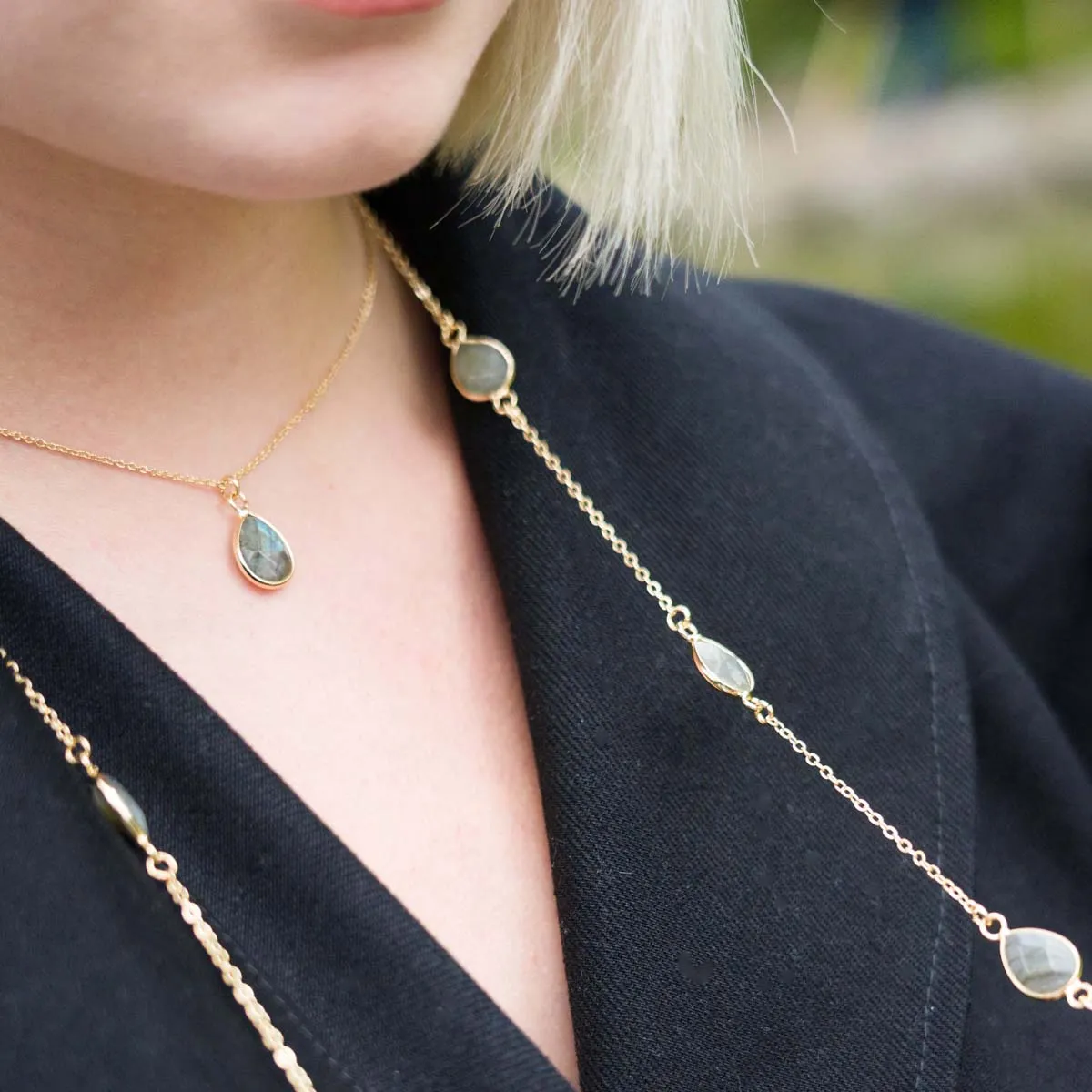 Long Labradorite Multi Crystal Necklace In Gold-Tone