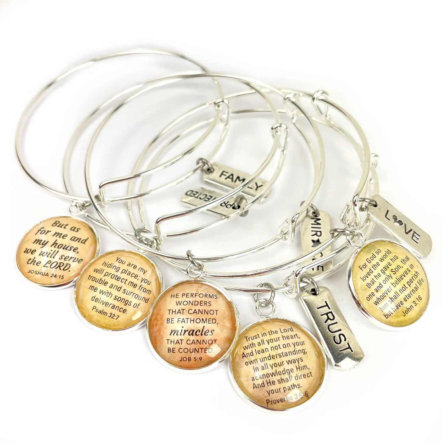 Love and Scripture Charm Bangle Bracelet - John 3:16 Word Scripture Christian Affirmations Jewelry, Silver