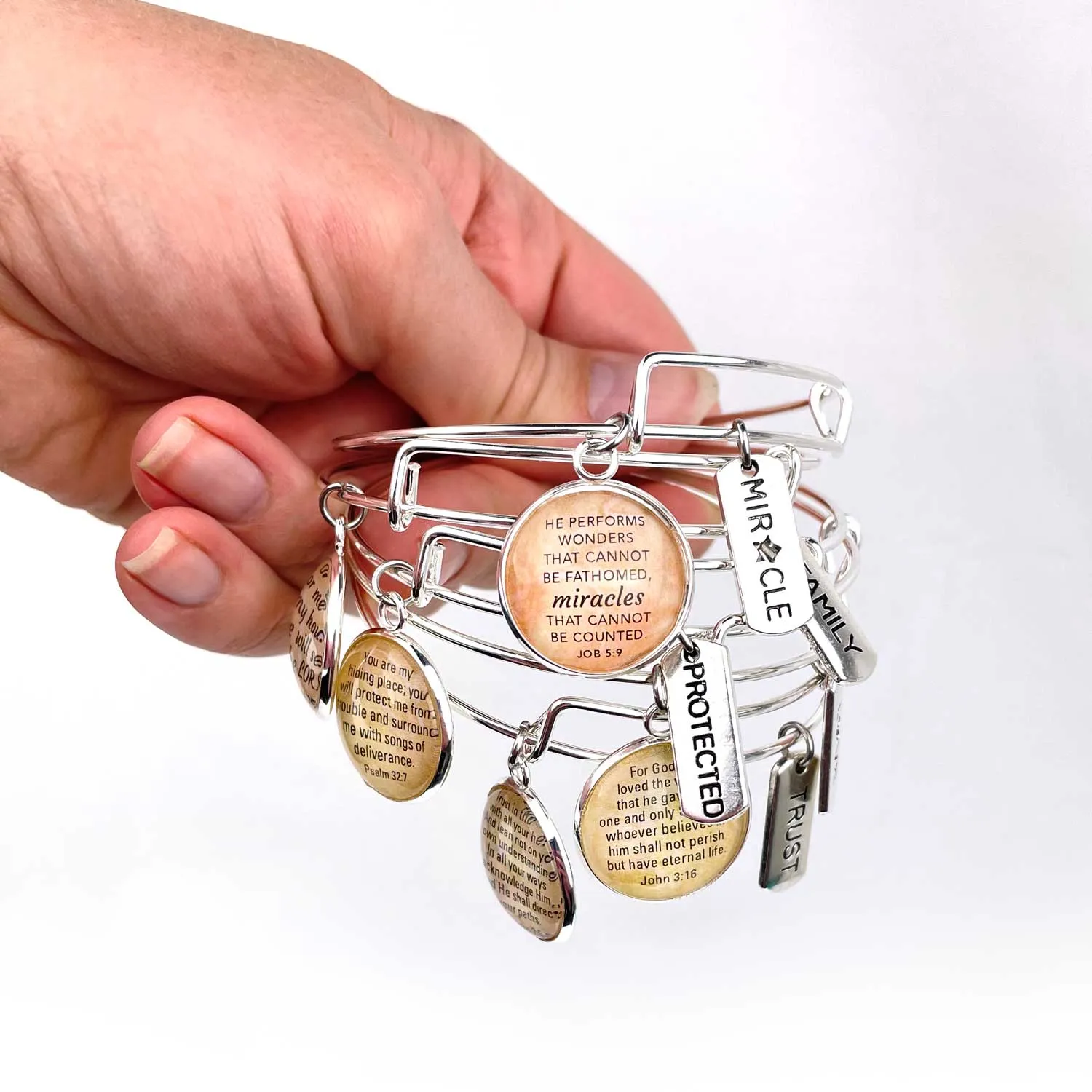 Love and Scripture Charm Bangle Bracelet - John 3:16 Word Scripture Christian Affirmations Jewelry, Silver