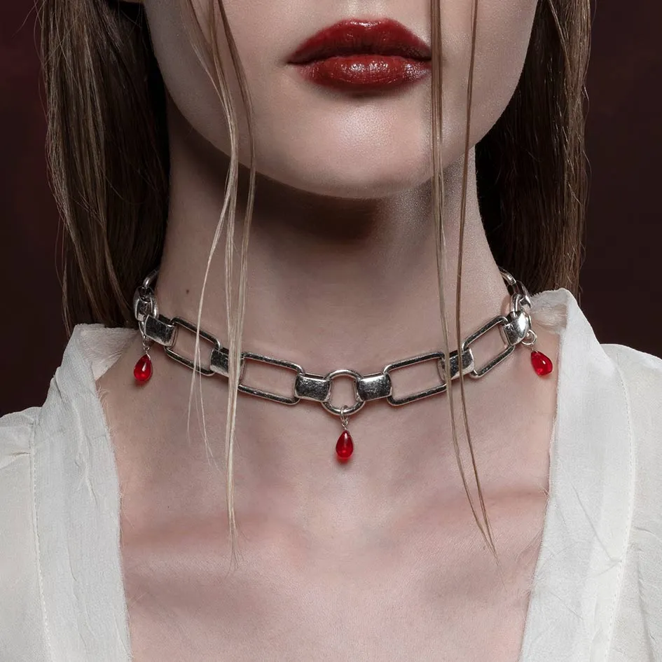 MALEVOLENT. Red Glass Droplet Chunky Chain Choker - Silver