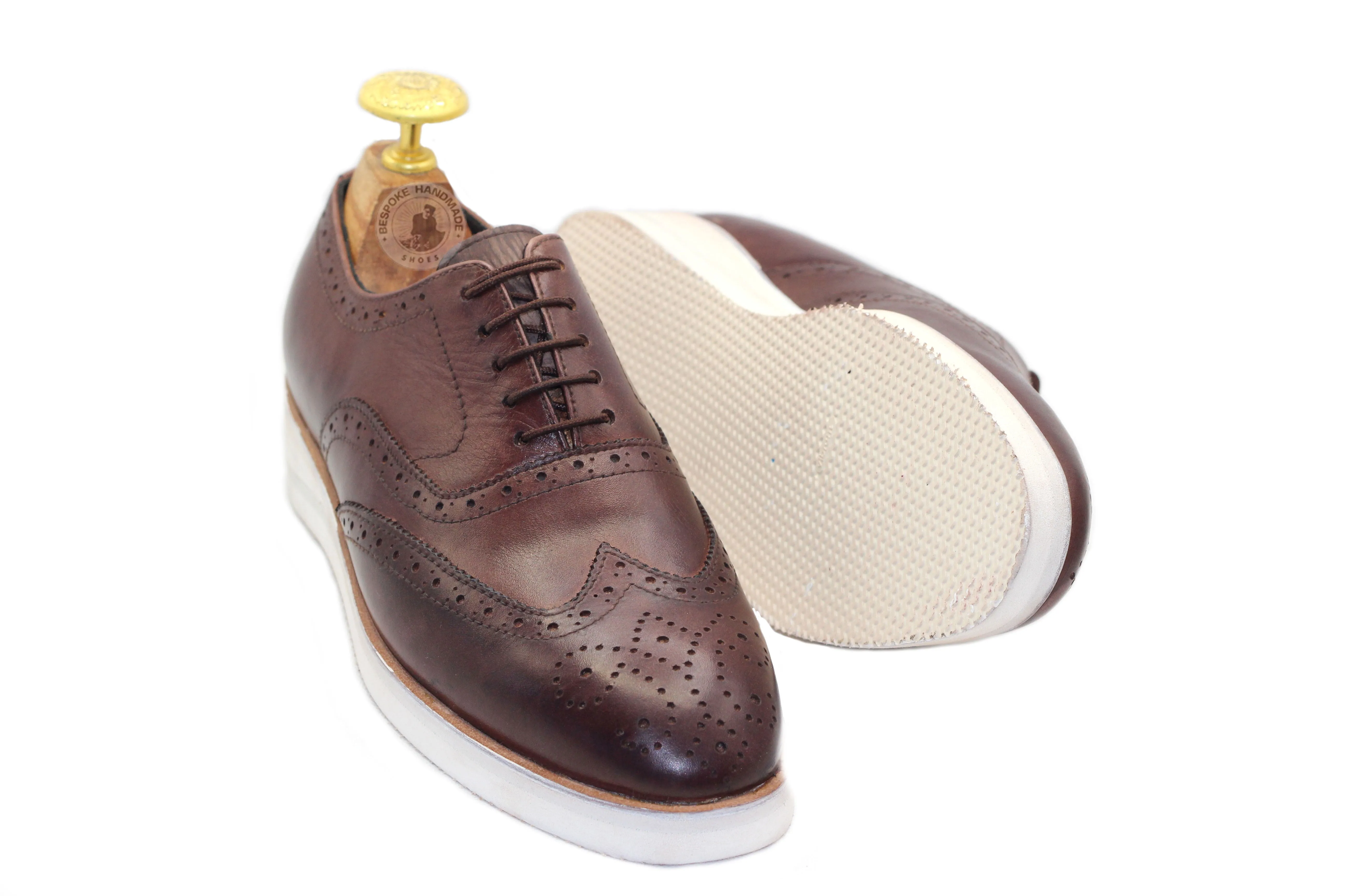 Men's Handmade Brown Leather Brogue Wingtip Lace Up Vibram Sole Oxford Shoes