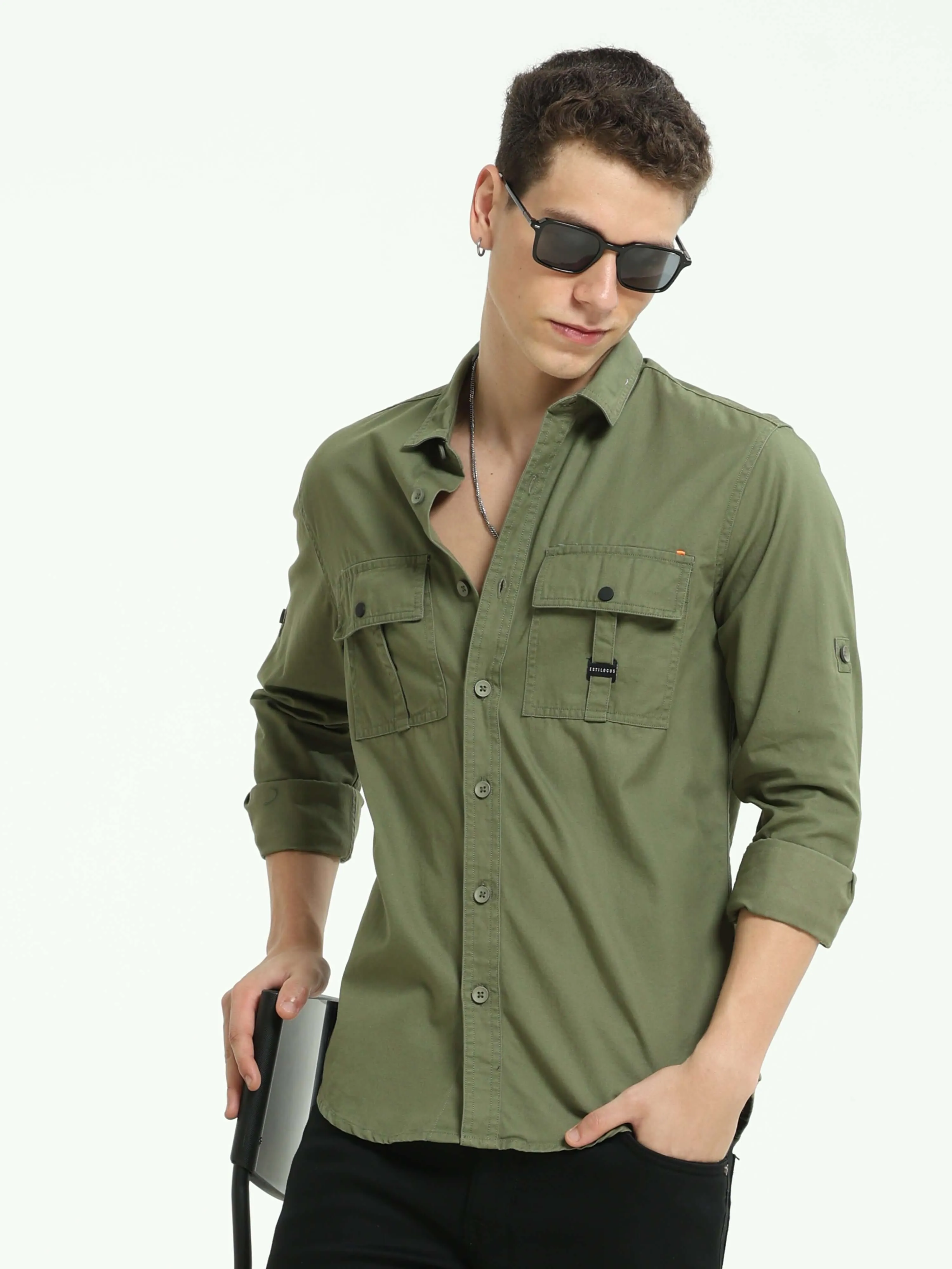 Moss green Solid double pocket shirt