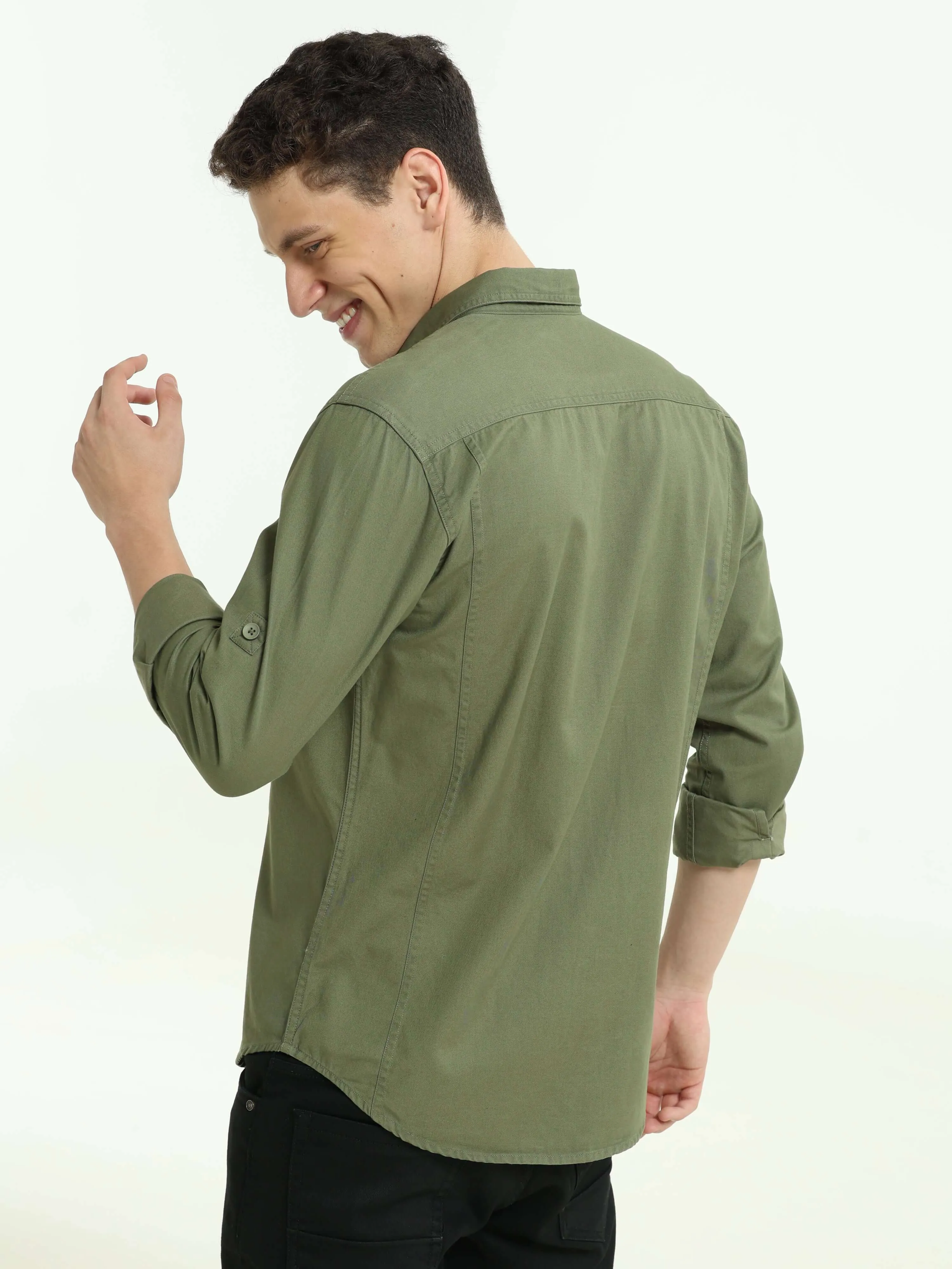 Moss green Solid double pocket shirt