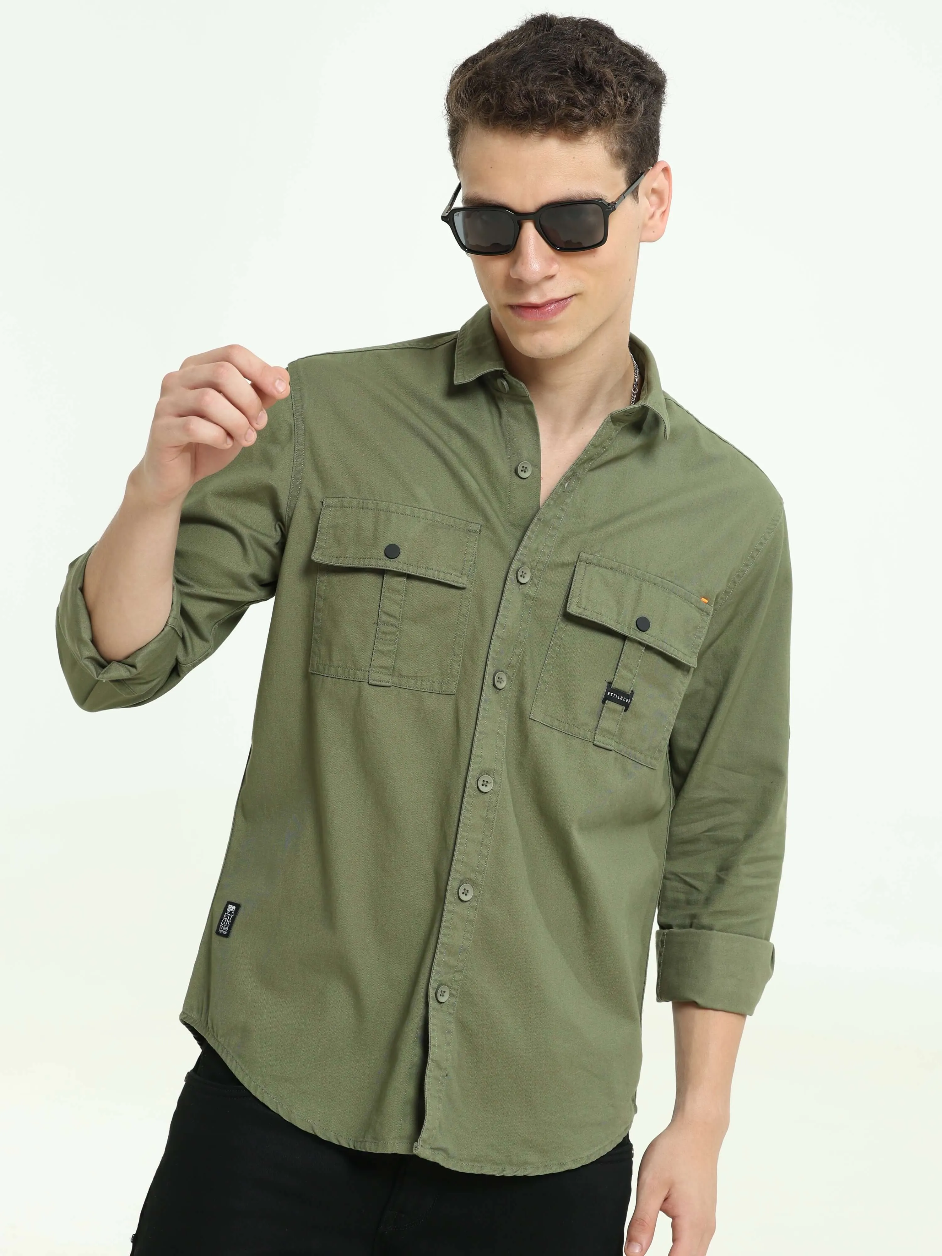 Moss green Solid double pocket shirt