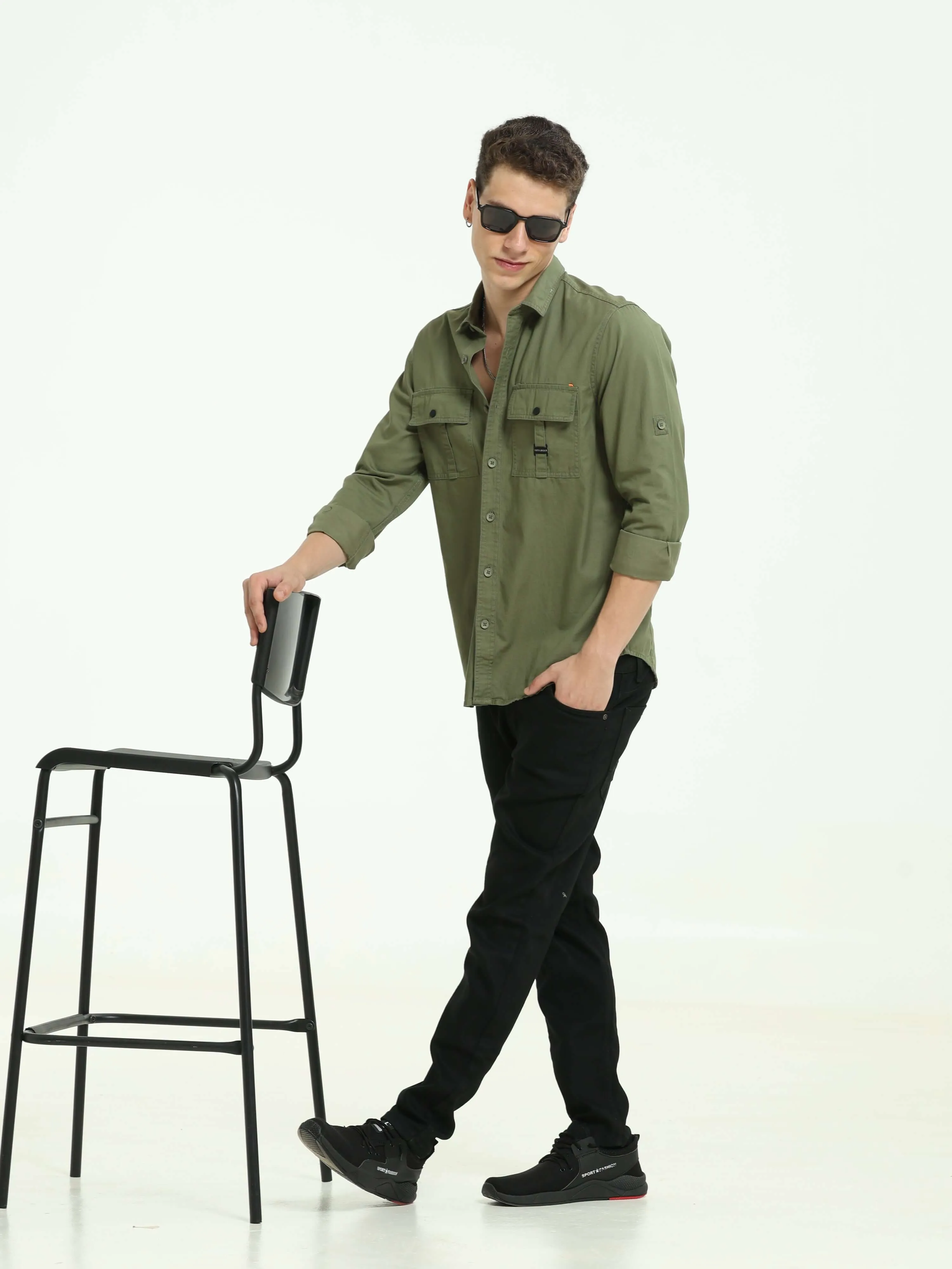 Moss green Solid double pocket shirt