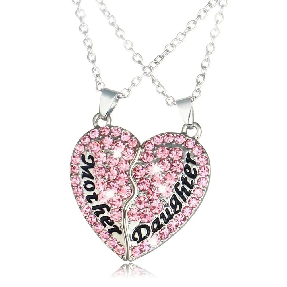 Mother's Day 'Mother & Daughter' 2-Piece Heart Pink Crystal Rhinestone Necklace Pendant & Chain Gift