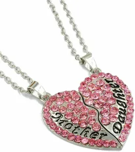 Mother's Day 'Mother & Daughter' 2-Piece Heart Pink Crystal Rhinestone Necklace Pendant & Chain Gift