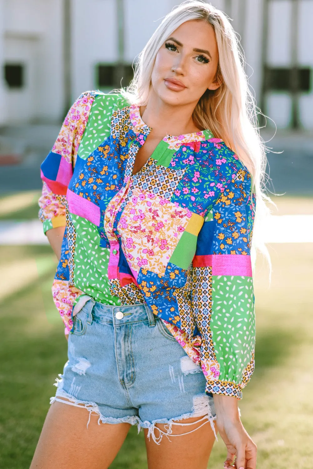 Multicolor Floral Patchwork Print Buttoned Puff Sleeve Shirt