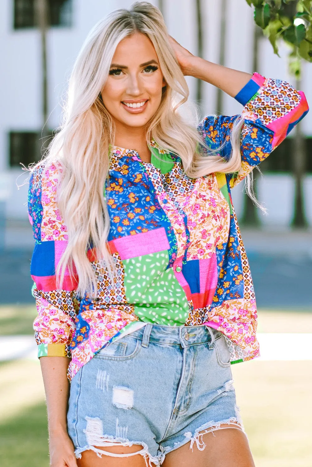 Multicolor Floral Patchwork Print Buttoned Puff Sleeve Shirt