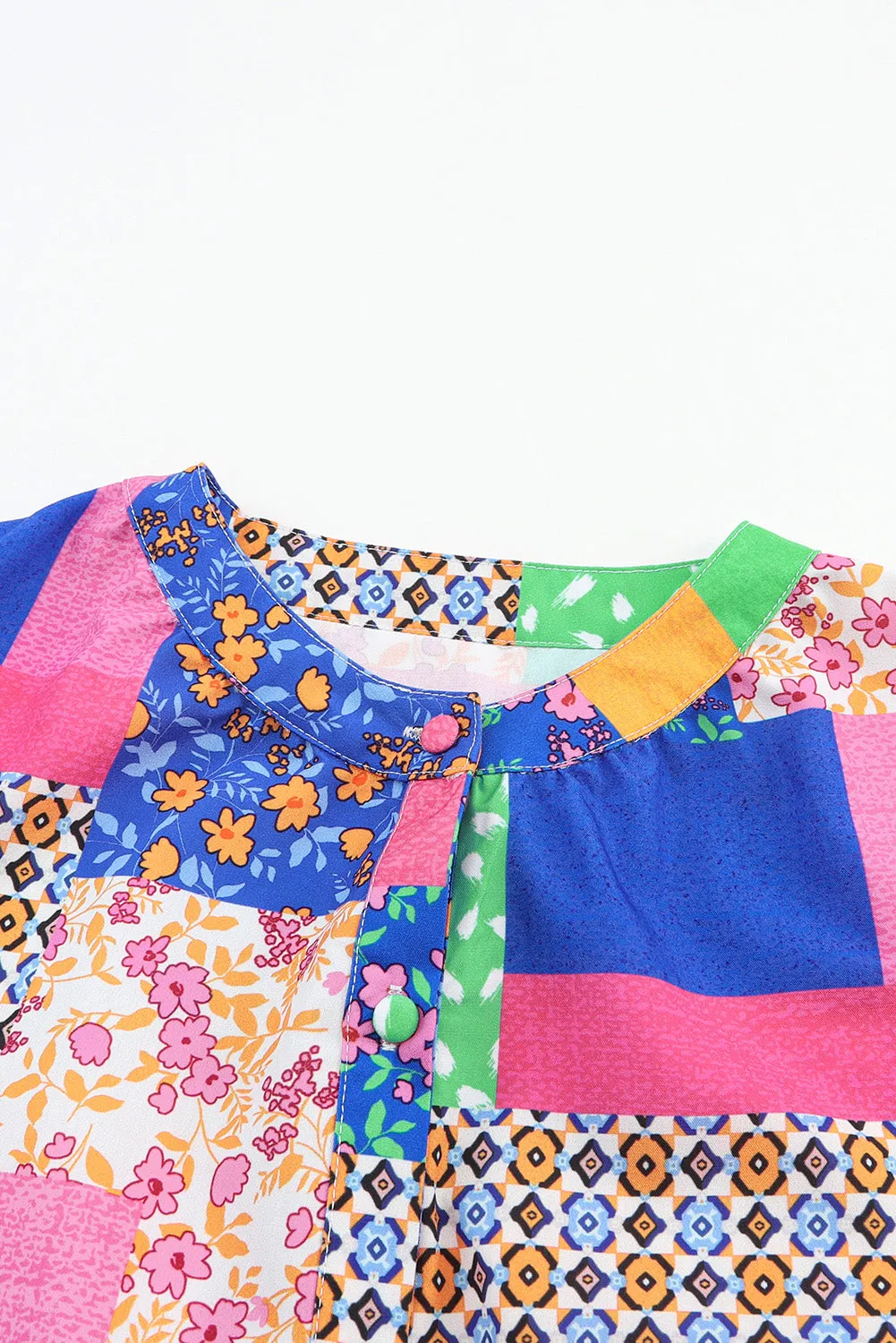 Multicolor Floral Patchwork Print Buttoned Puff Sleeve Shirt