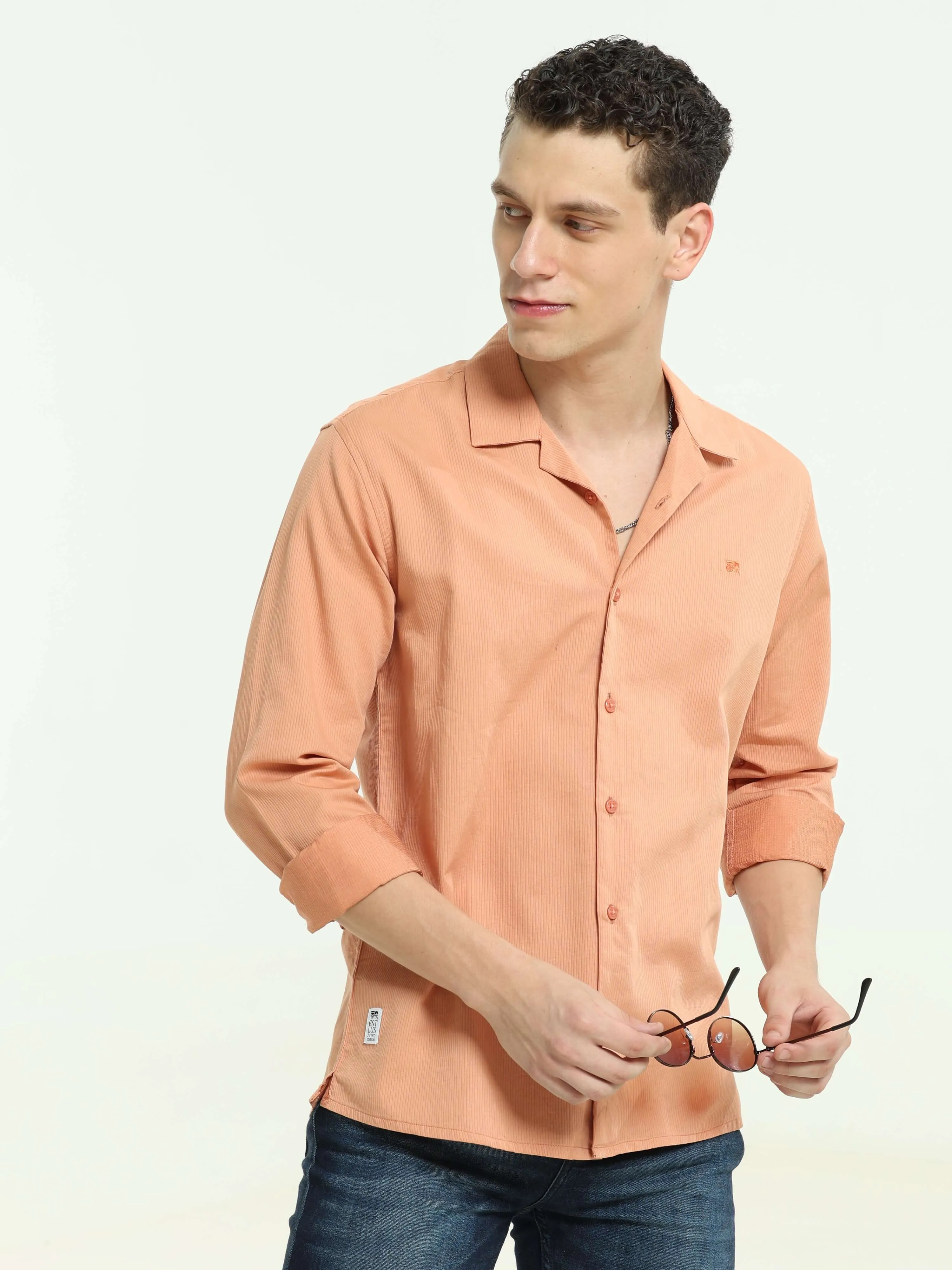 Orange solid cuben colloar shirt