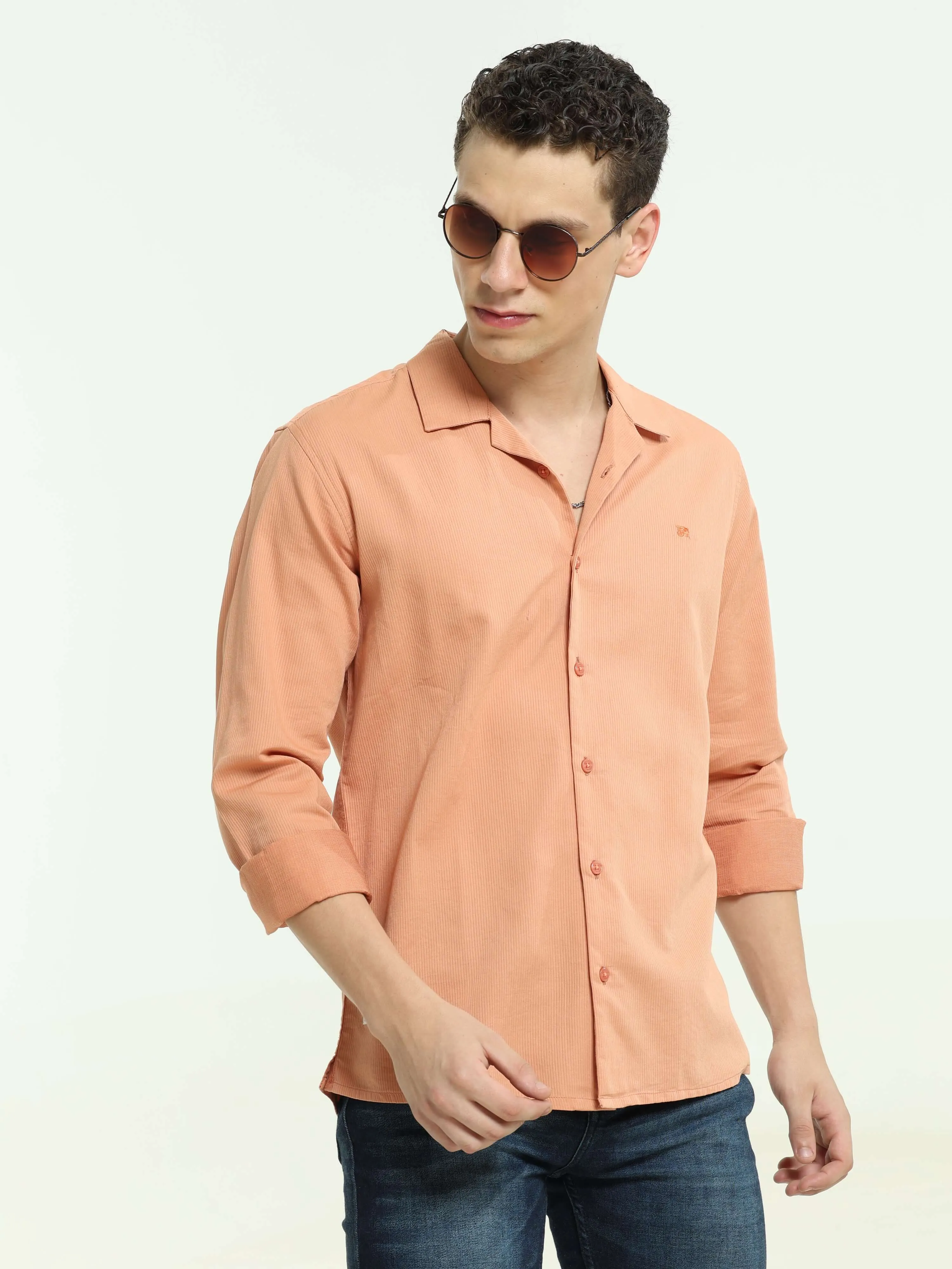 Orange solid cuben colloar shirt