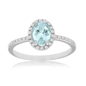 Oval Blue Aquamarine Diamond Halo Pave Band Ring in White Gold