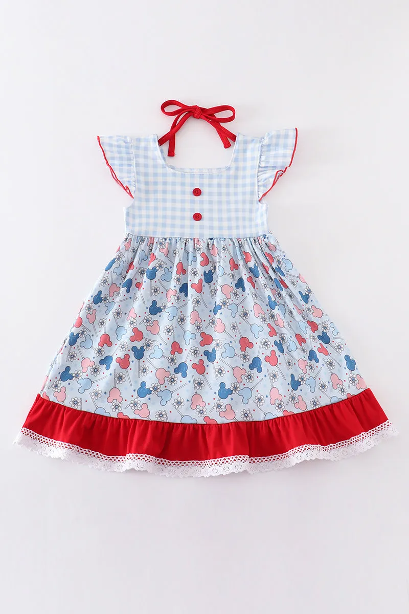 Patriotic day character print plaid ruffle dress