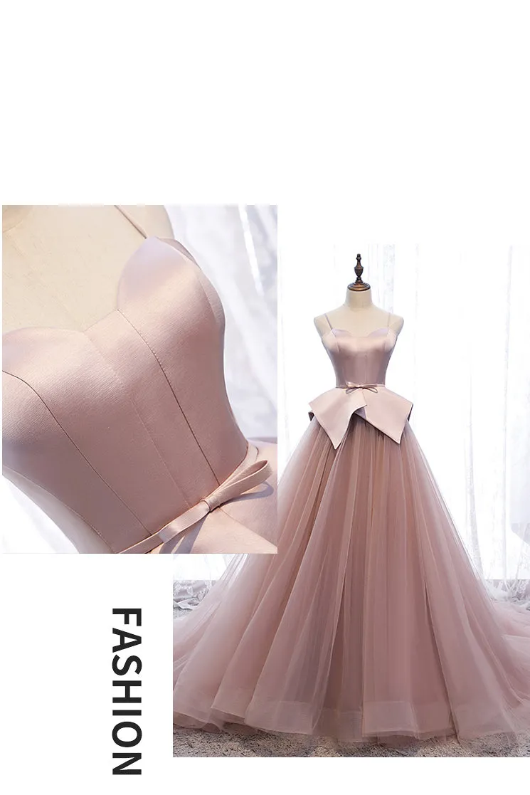 Pink Spaghetti Straps Tulle Long Formal Prom Dress, Unique Long Wedding Dess UQP0053