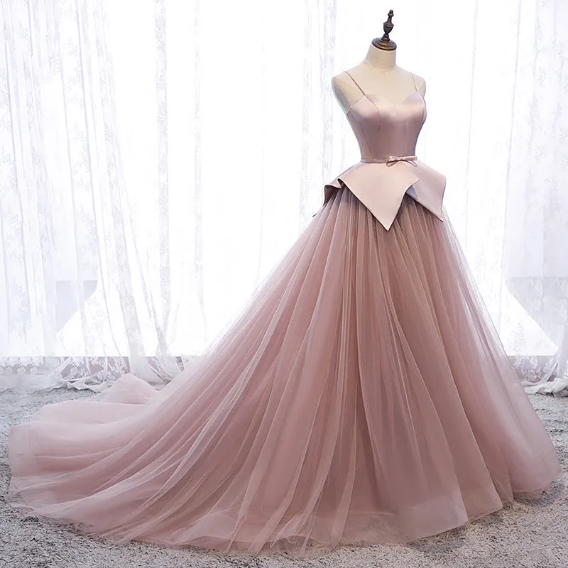 Pink Spaghetti Straps Tulle Long Formal Prom Dress, Unique Long Wedding Dess UQP0053