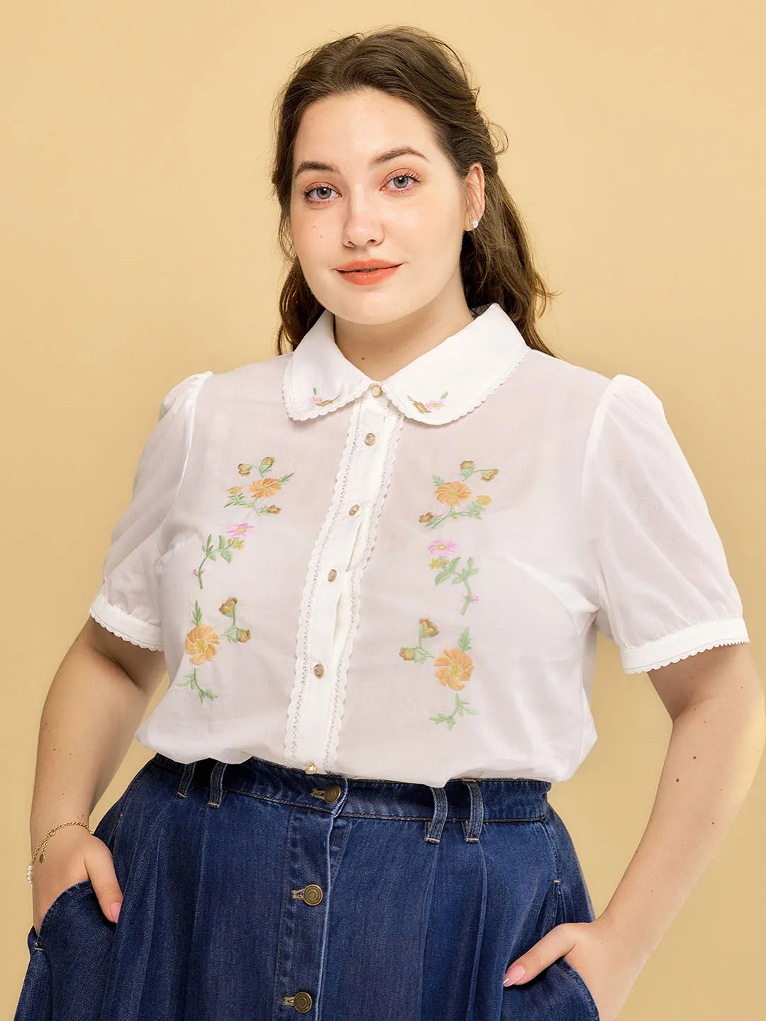 Plus Size Emmy Floral Embroidery Button Front Shirt