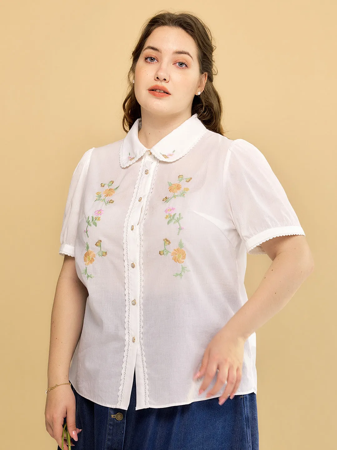 Plus Size Emmy Floral Embroidery Button Front Shirt