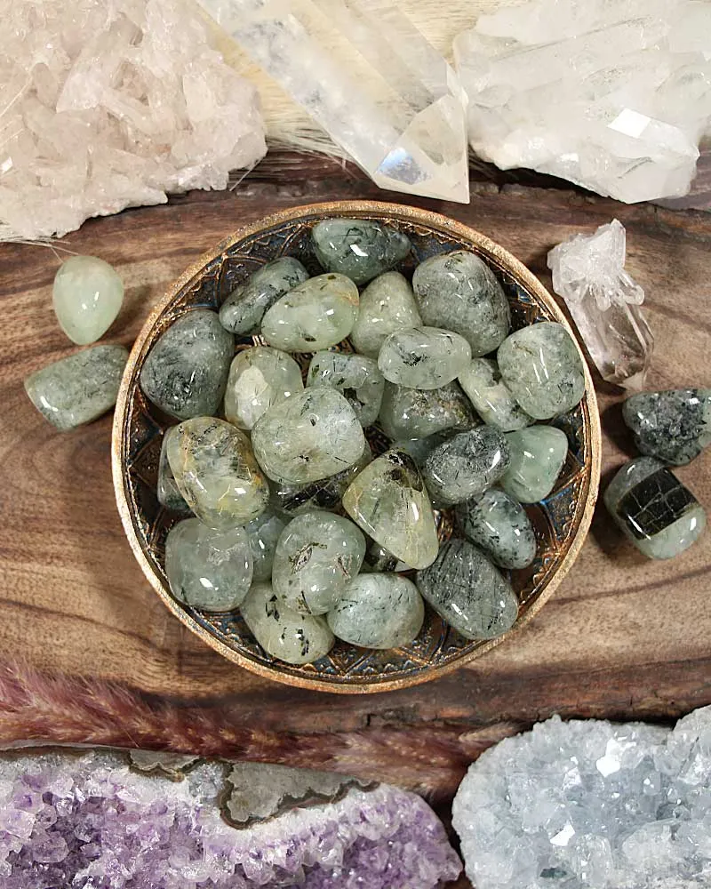 Prehnite w/Epidote & Black Tourmaline Tumbled