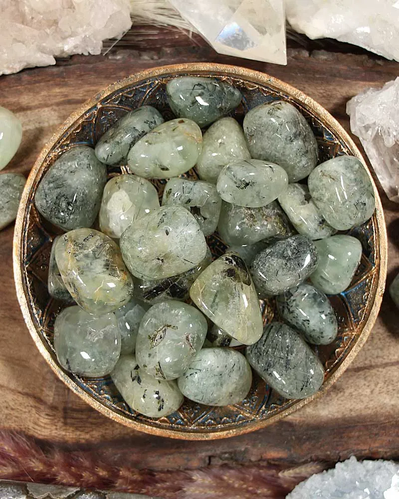 Prehnite w/Epidote & Black Tourmaline Tumbled