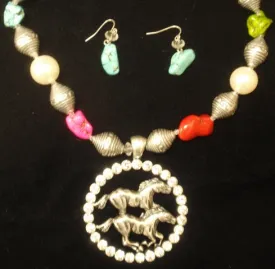 "Double Horse" Western Necklace with Matching Earrings