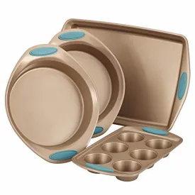 Rachael Ray Cucina 4-Piece Bakeware Set, Latte Brown with Agave Blue Handle Grips