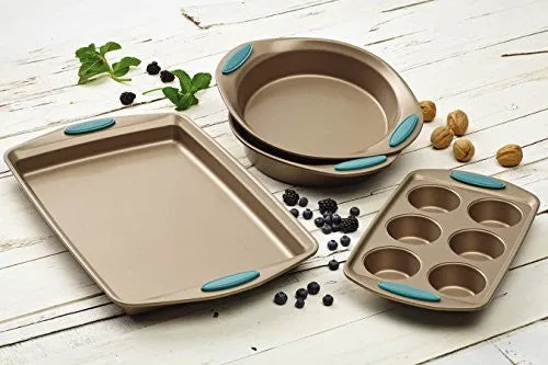 Rachael Ray Cucina 4-Piece Bakeware Set, Latte Brown with Agave Blue Handle Grips