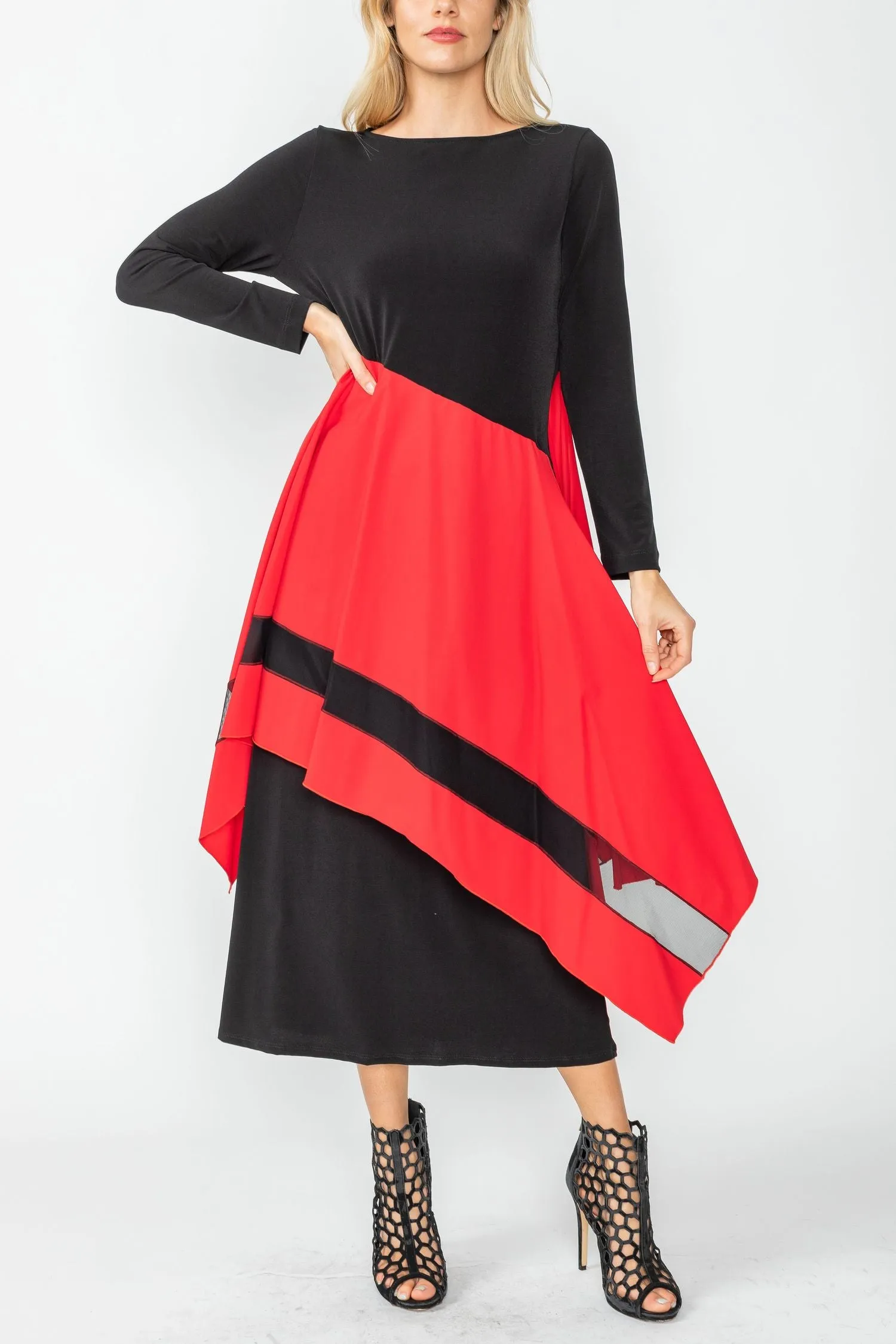 Red Compare Color Boat Neck Asymmetrical Layer Mix Dress