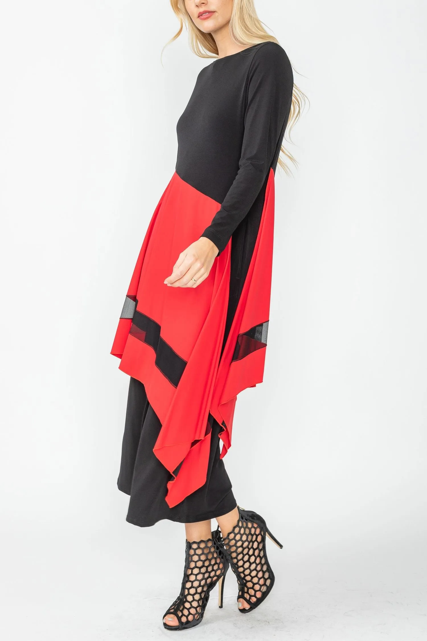 Red Compare Color Boat Neck Asymmetrical Layer Mix Dress