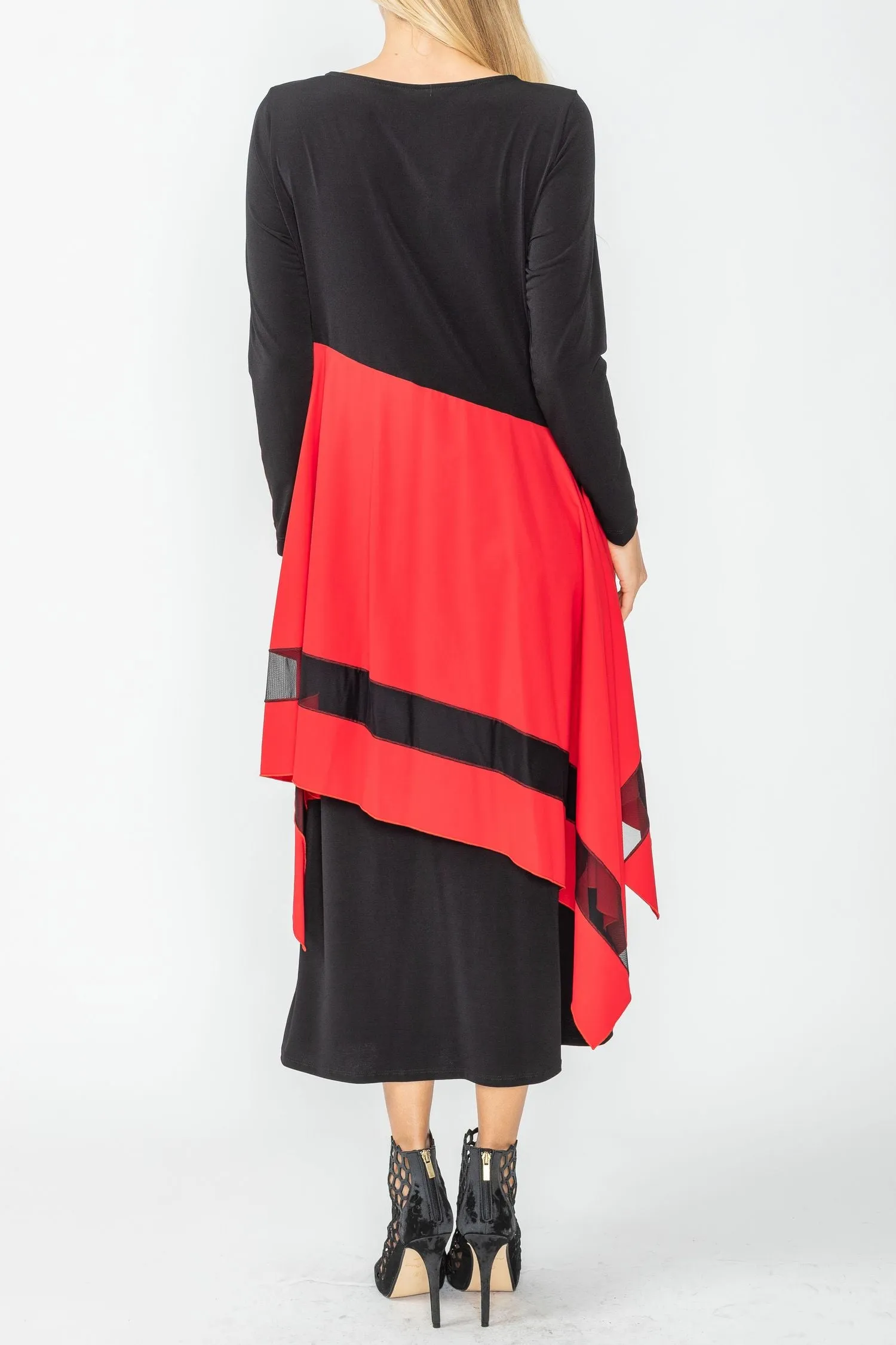 Red Compare Color Boat Neck Asymmetrical Layer Mix Dress