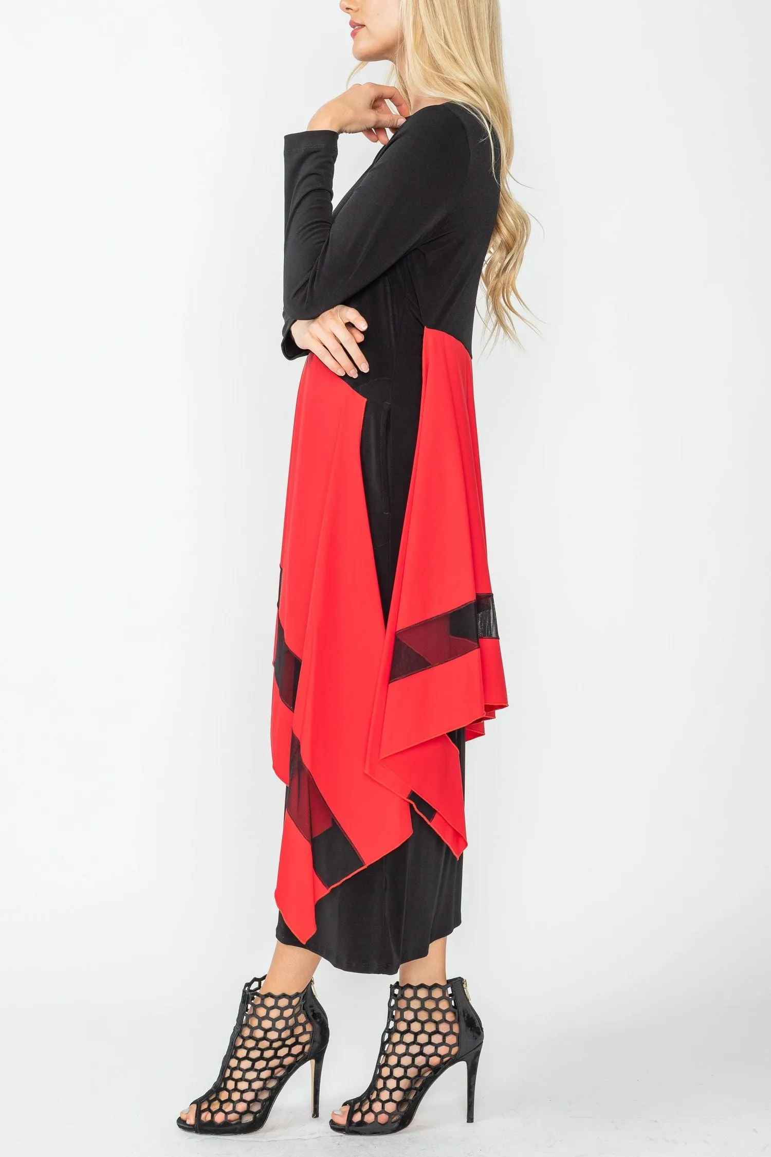 Red Compare Color Boat Neck Asymmetrical Layer Mix Dress