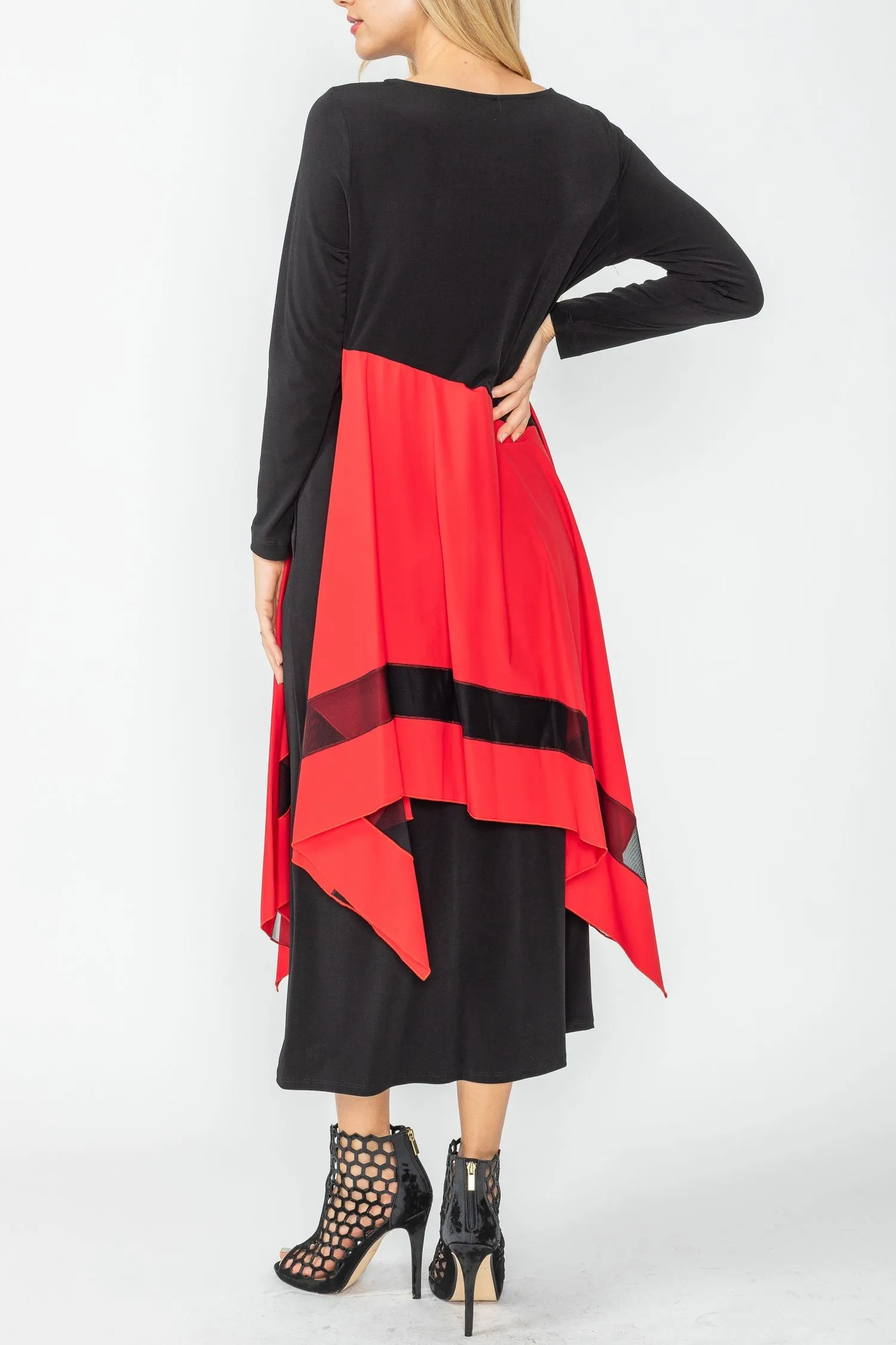 Red Compare Color Boat Neck Asymmetrical Layer Mix Dress