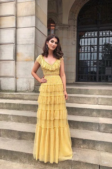 Retro Yellow V Neck Long Dress with Ruffles, Unique Floor Length Tulle Prom Dress UQ2245