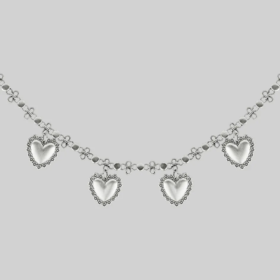 ROYAL FLUSH. Floral Heart Charm Collar - Silver