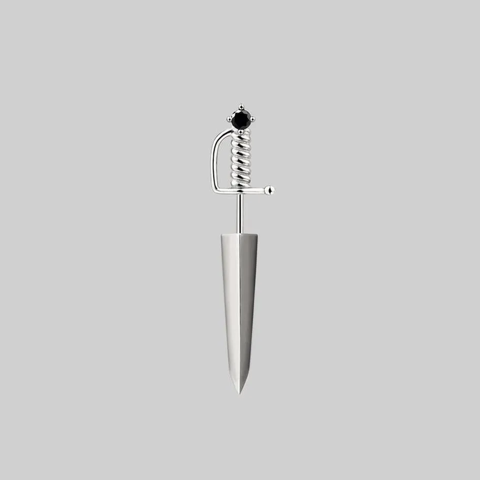 SALEM. Black Spinel Short Dagger Single Earring - Silver